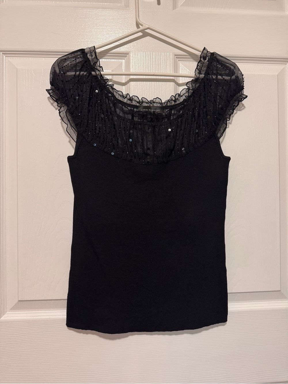 Sz L Sparkly Black Semi-sheer Sequin Top by Cable & Gauge
